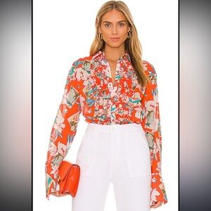 NWOT Le Superbe Kahuna Ruffle Front Tux Shirt in the Red Aloha 2